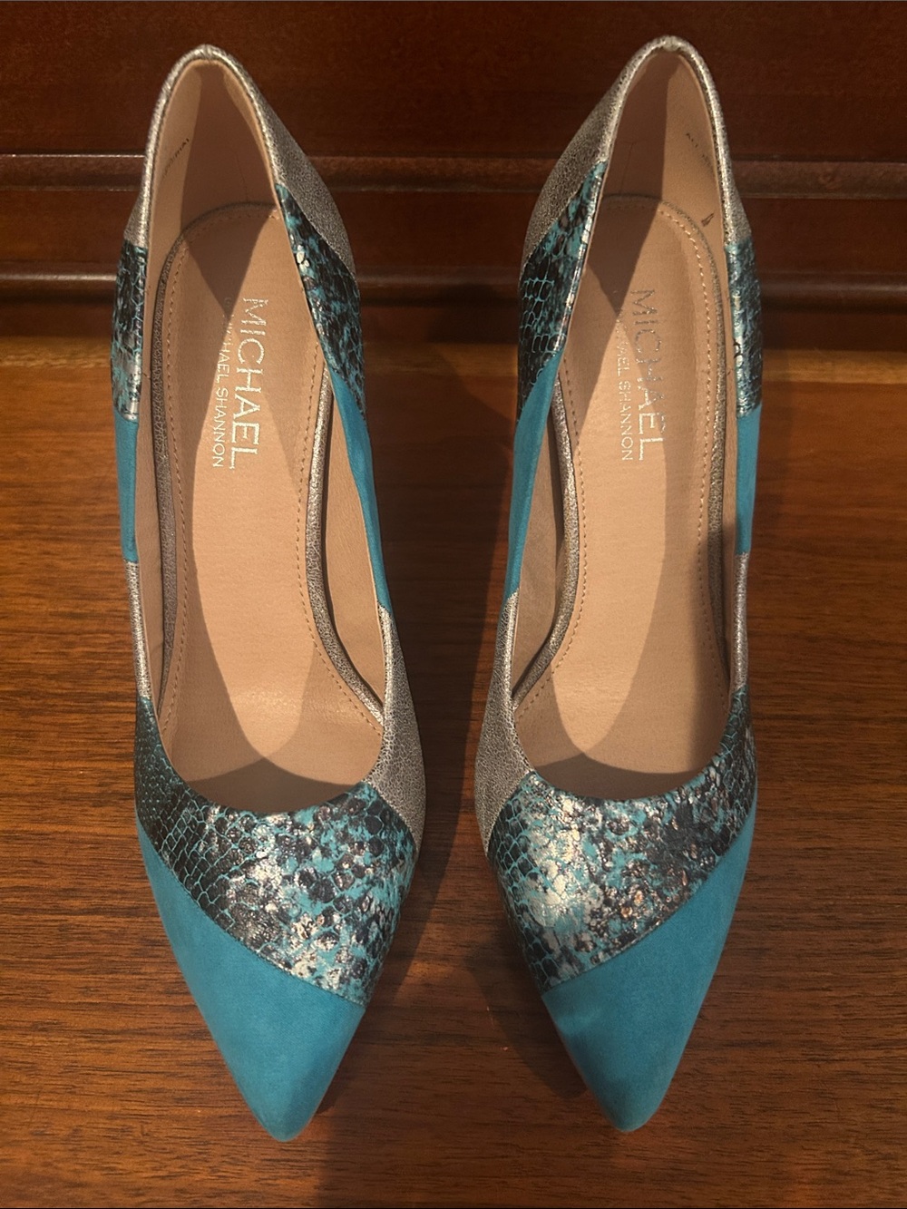 Michael Shannon Teal and Silver Pointed Toe Pumps